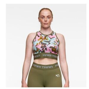 Kari Traa Vilde Womens Training Top XS Pink Olive Abstract Floral Racerback Crop